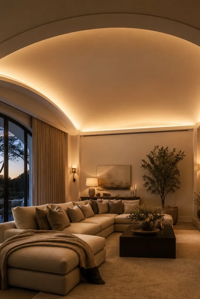 Curved barrel arch soffit centered above the seating area