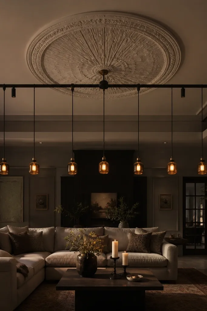 Ornate ceiling medallion centered with warm pendant lights below