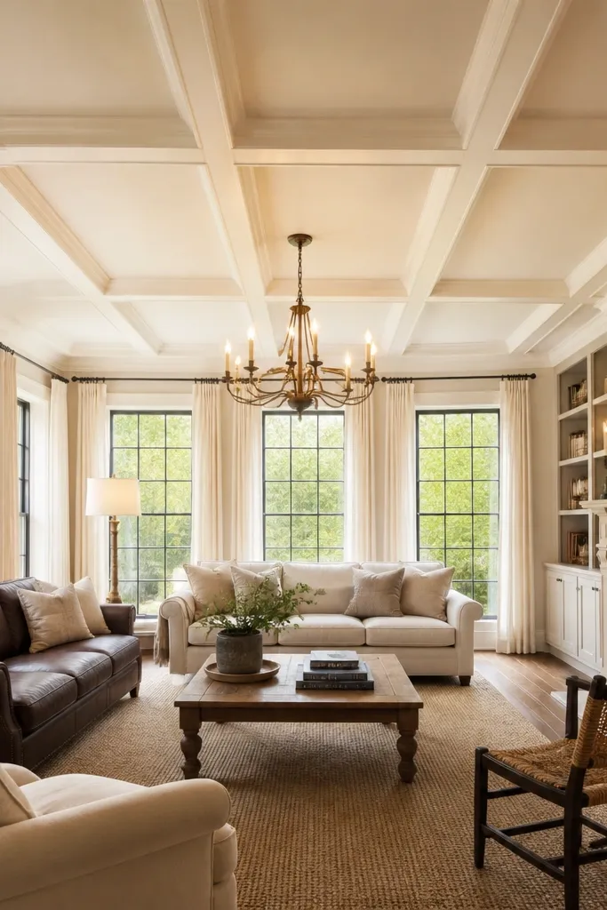 Grid of picture-frame ceiling panels with shadowed trim edges