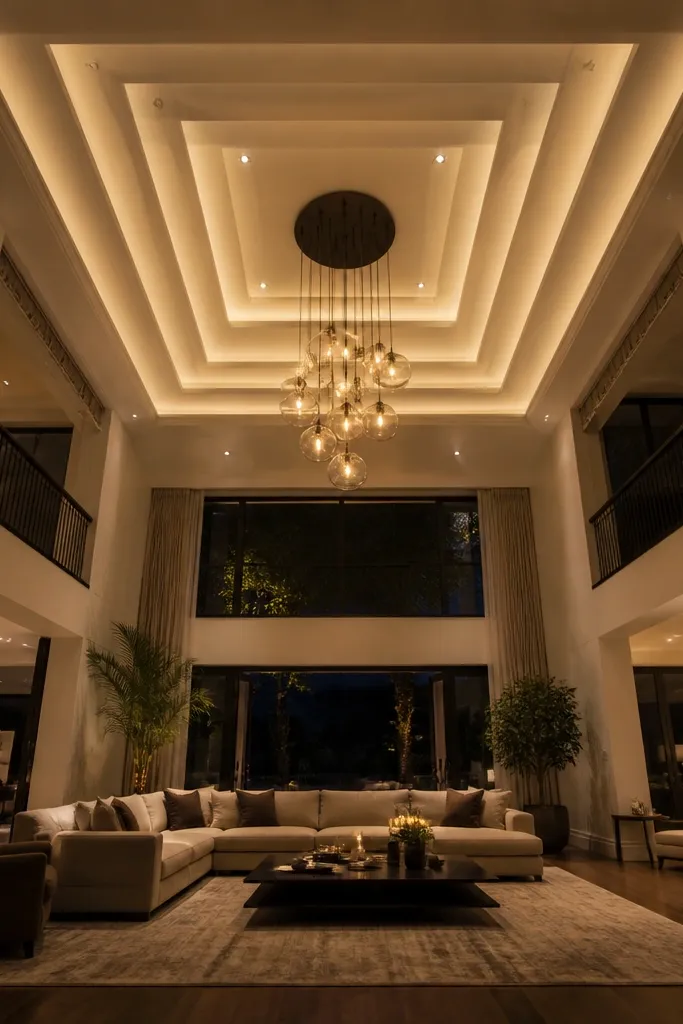 Ceiling with stepped recesses rising toward the center