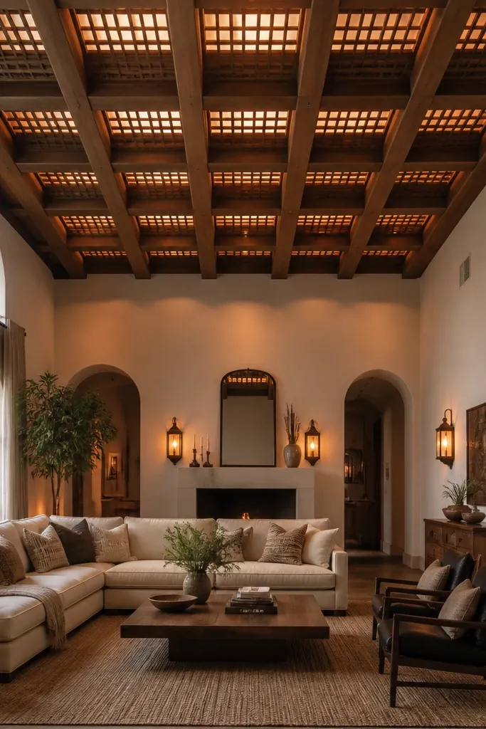 Wood lattice ceiling grid with warm lantern-style wall lights