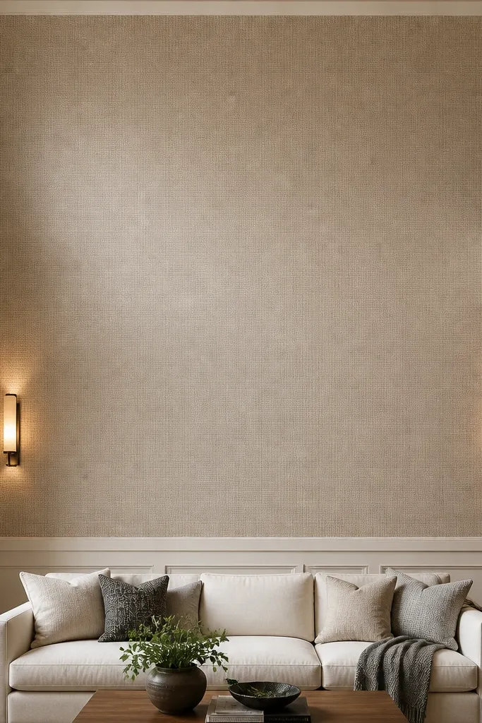 Framed ceiling panel with subtle pattern wallpaper and warm lighting