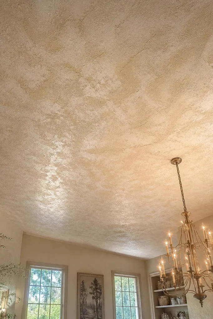 Soft textured plaster ceiling with warm, mottled limewash tone