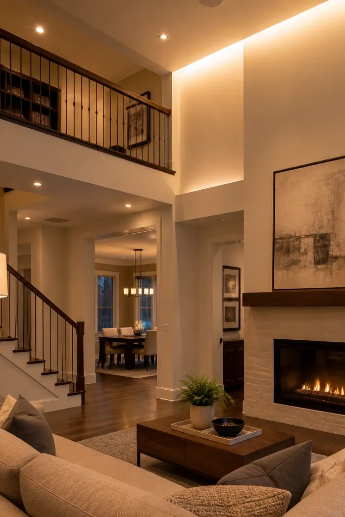 Ceiling with hidden cove glow and recessed lights with diffusing baffles