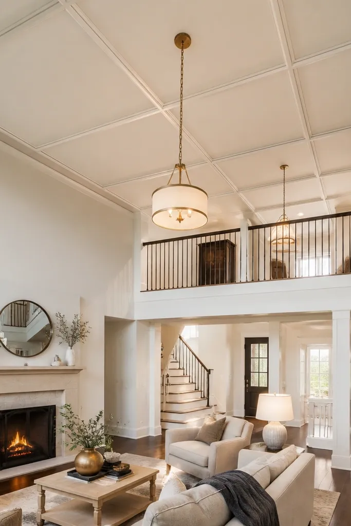 Ceiling with faux coffer lines made from painted strips creating shadow
