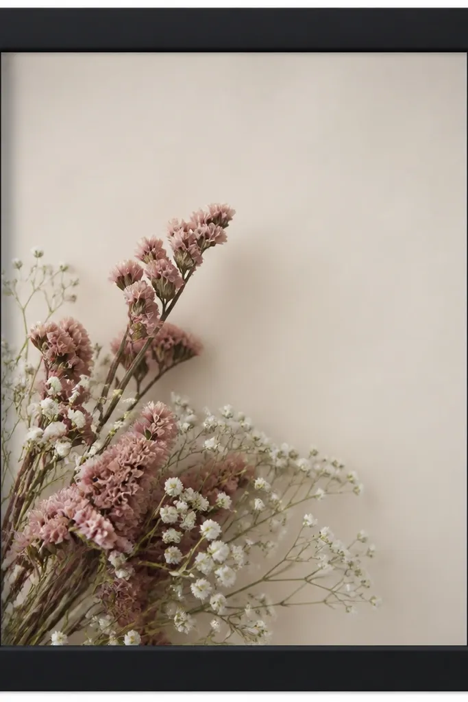 A matte black 8x10 frame. The flowers are arranged diagonally from the lower left corner up toward the center: dusty rose statice stalks with tiny white baby's breath clusters. Negative space stays visible near the top right.