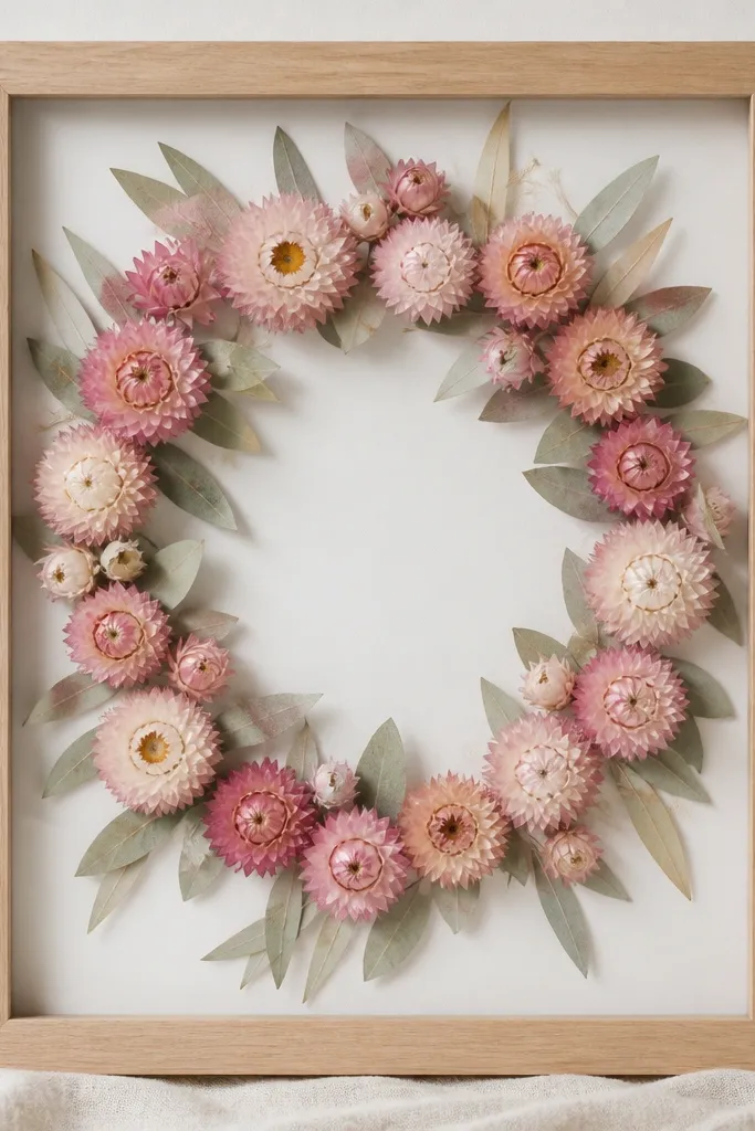 A natural wood 11x14 frame. Strawflower blooms in blush pink form a ring around the center. Thin dried eucalyptus leaves peek through the halo with pale gray-green tones. The center is left mostly open.