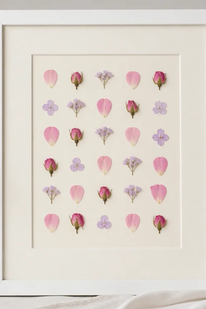 A white 8x10 frame with a light cream mat. Inside, pressed flowers are arranged in a tidy grid: tiny pink petals, small rosebud pieces, and a few pale lavender accents. Everything looks flat and evenly spaced.