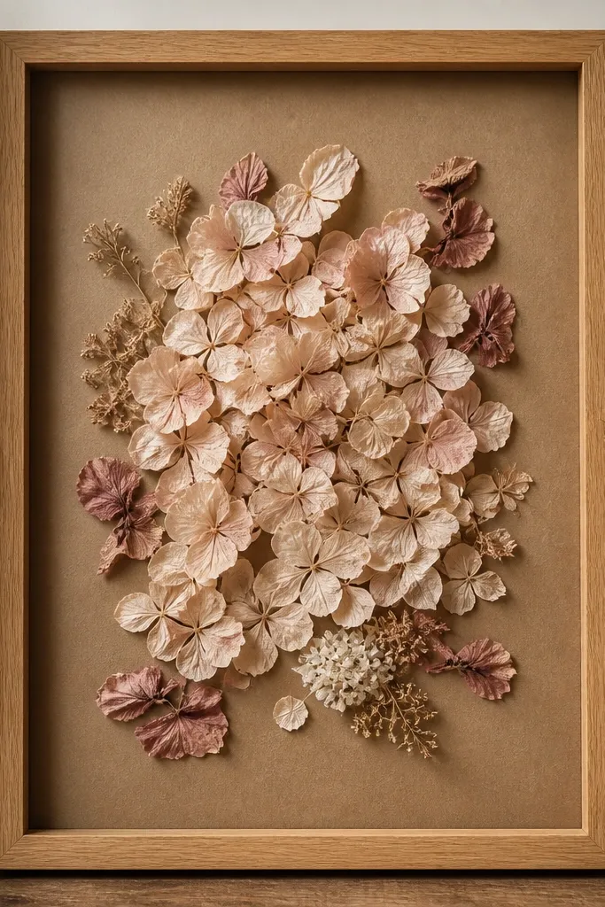 A warm oak frame with kraft paper backing. A large cluster of blush dried petals sits slightly off-center, with a few curled deeper rose pieces around the edges. The kraft paper makes the pink look earthy.