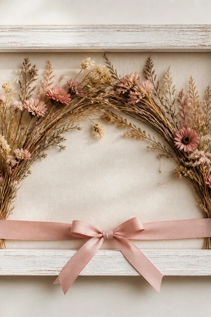 A whitewashed wood frame. Inside, dried stems form a gentle arch across the top half. Pink ribbon is tied at the bottom of the frame backing, with a small bow centered. Dried flowers peek from behind the stems.