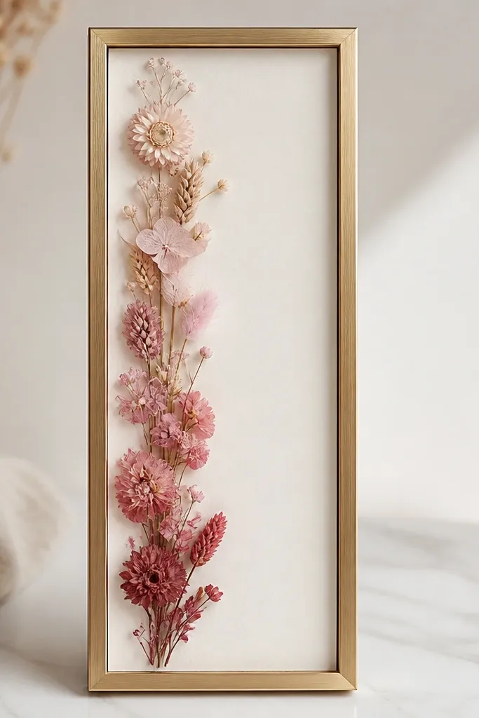 A tall 5x15 inch frame in brushed gold. A vertical strip of dried flowers runs down the center-left: pale blush at the top fading into deeper rose at the bottom. The rest of the frame is mostly empty.