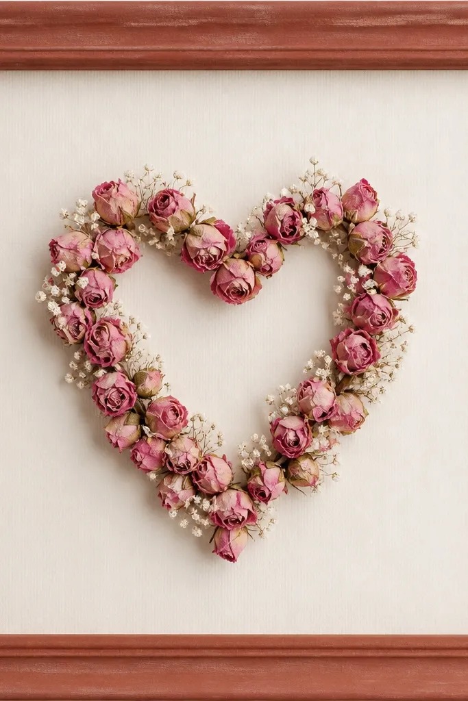 A red-warm terracotta frame holding a heart outline made from pink dried rose buds. The heart sits centered, with a few baby's breath sprigs filling tiny gaps. The background is off-white paper.