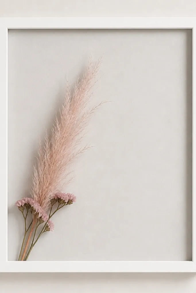 A matte white 8x10 frame with a pale gray backing. One pampas plume in blush sits slightly angled, with a few pink statice sprigs tucked at the base. Lots of empty space remains.
