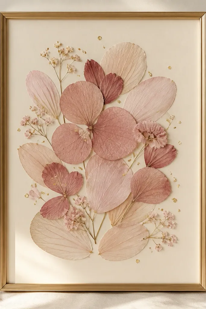 A champagne gold frame with a cream backing. Pressed blush and dusty rose petals are arranged in a loose bouquet. Small clusters of gold foil dots sit between petals like tiny confetti.