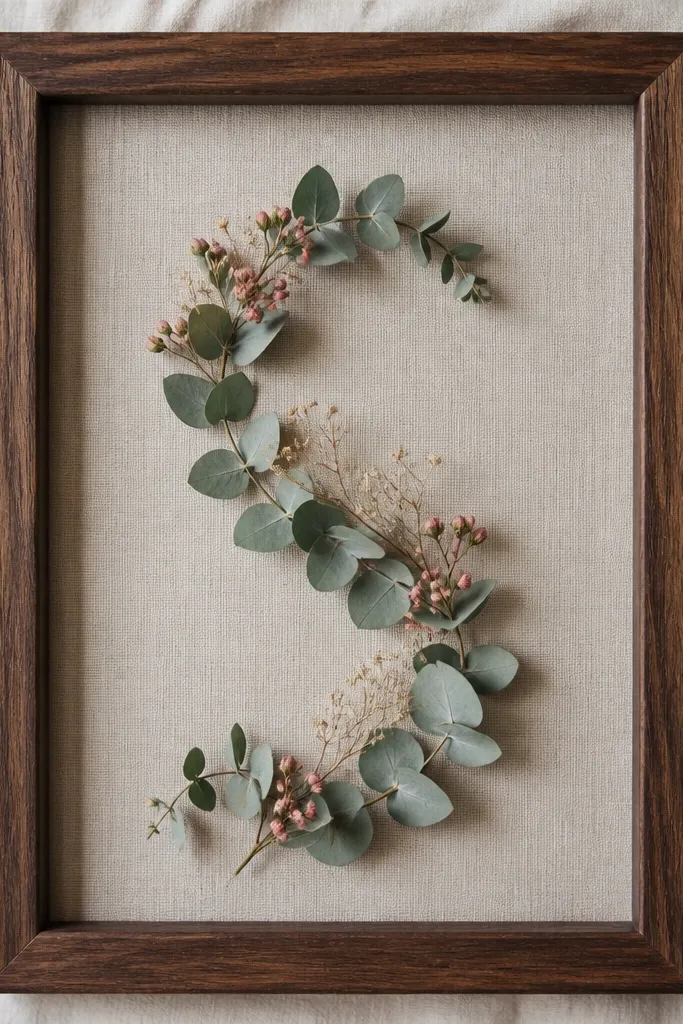 A rustic walnut frame. Inside, two curved eucalyptus sprigs form an S-shape. Pink buds and tiny dried blossoms are tucked along the curves. The background is natural linen fabric.