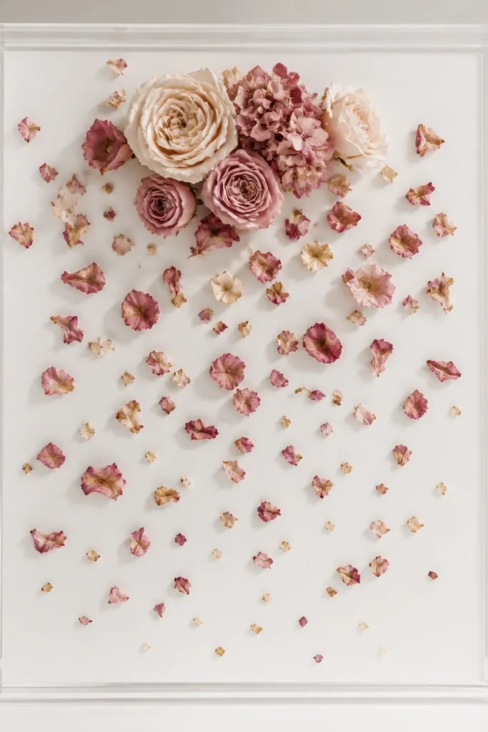 A clear acrylic frame with a white backing. Tiny dried blush and rose petals are scattered like confetti across the middle, with a few larger blooms clustered at the top center. The edges are crisp and clean.