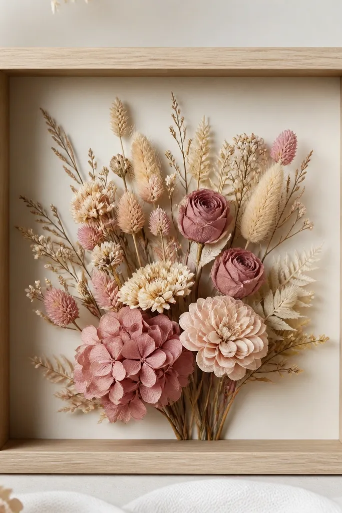 A small shadow box frame with a depth of about 1.5 inches. A layered bouquet of blush and dusty rose dried flowers sits at different depths. You can see stems and leaves stacked, creating a 3D look against a soft cream background.