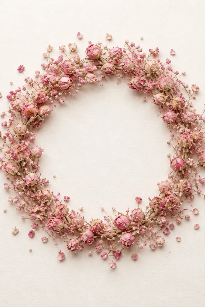 A round 10-inch inner wreath shape inside a rectangular frame. Pink dried buds and tiny petals form a circular wreath, with a small gap at the center. The background is off-white paper, and the wreath looks light and airy.