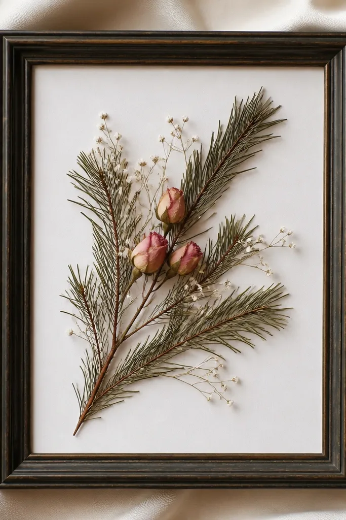 A deep green or dark brown frame with a snowy white backing. Inside, small dried pine tips are arranged in an angled sprig pattern. Blush rose buds sit near the center like ornaments, and a few white baby's breath dots are scattered.
