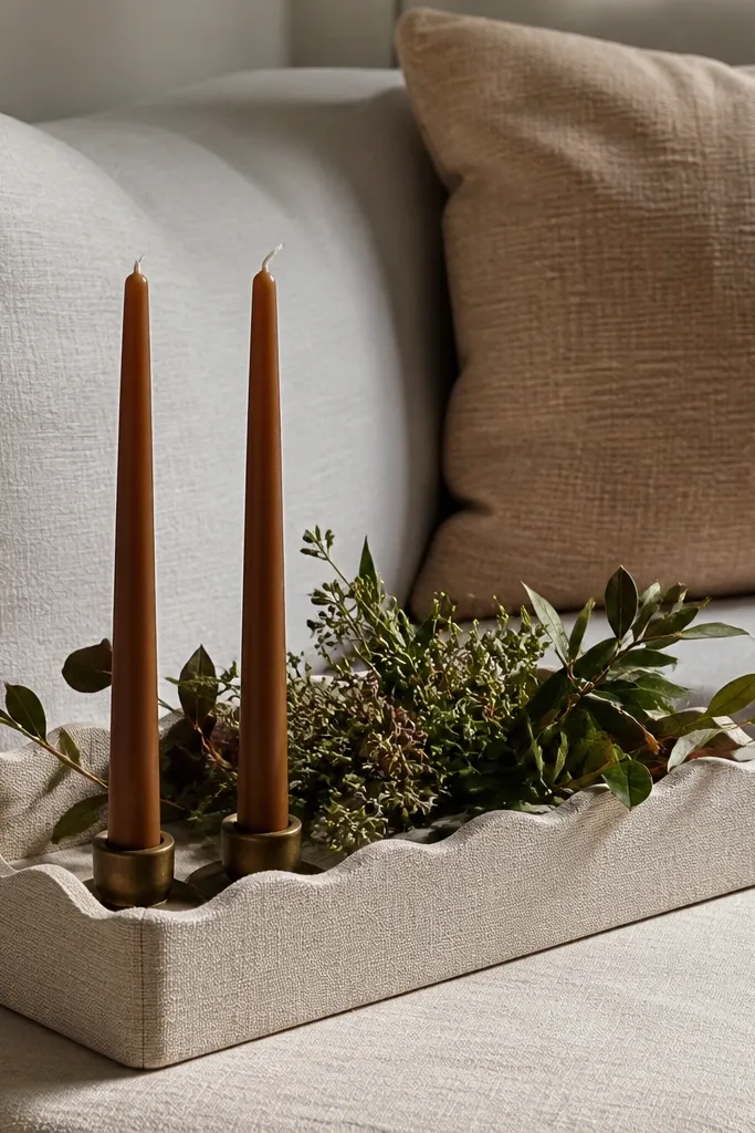 Cream linen tray with cinnamon taper candles and small fall greens