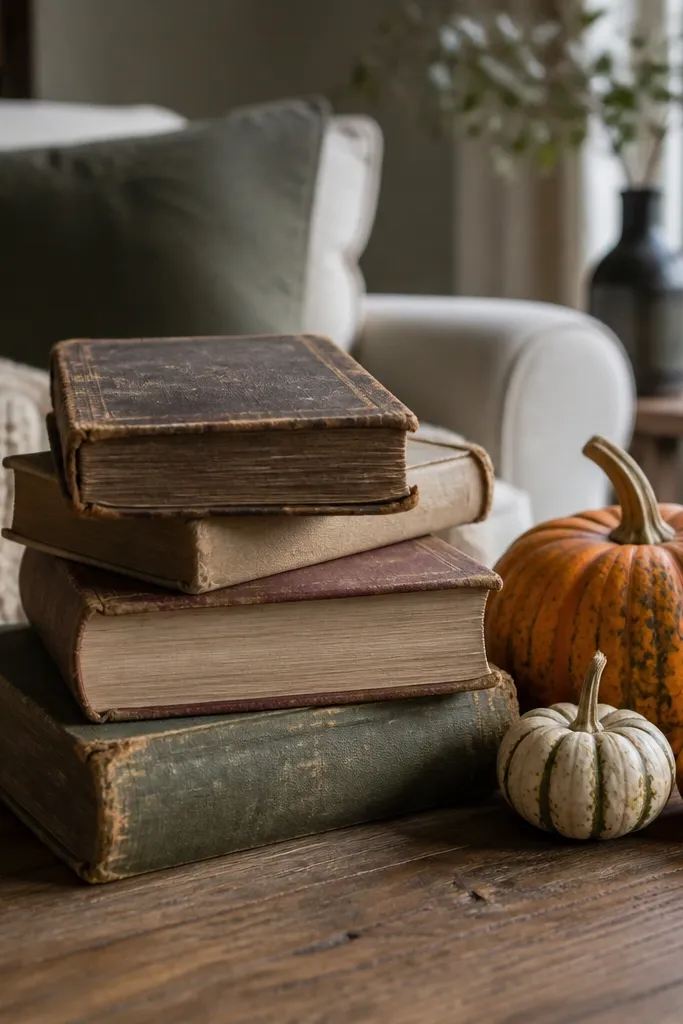 Stack of worn books with a small pumpkin cluster on a coffee table