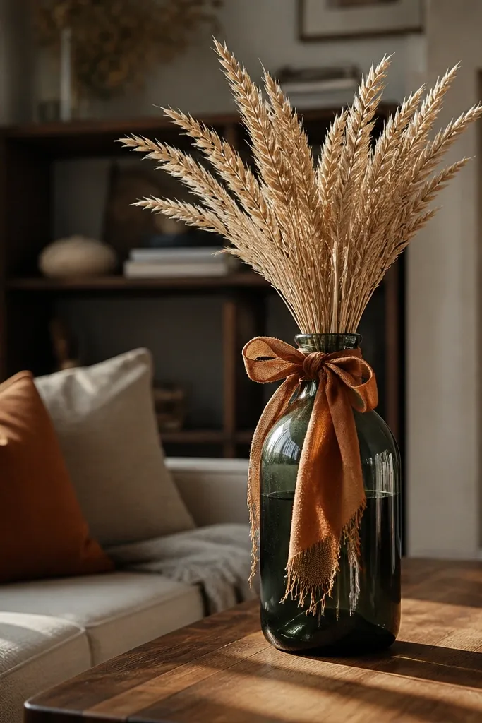 Dark green bottle vase with dried wheat and rust ribbon on coffee table