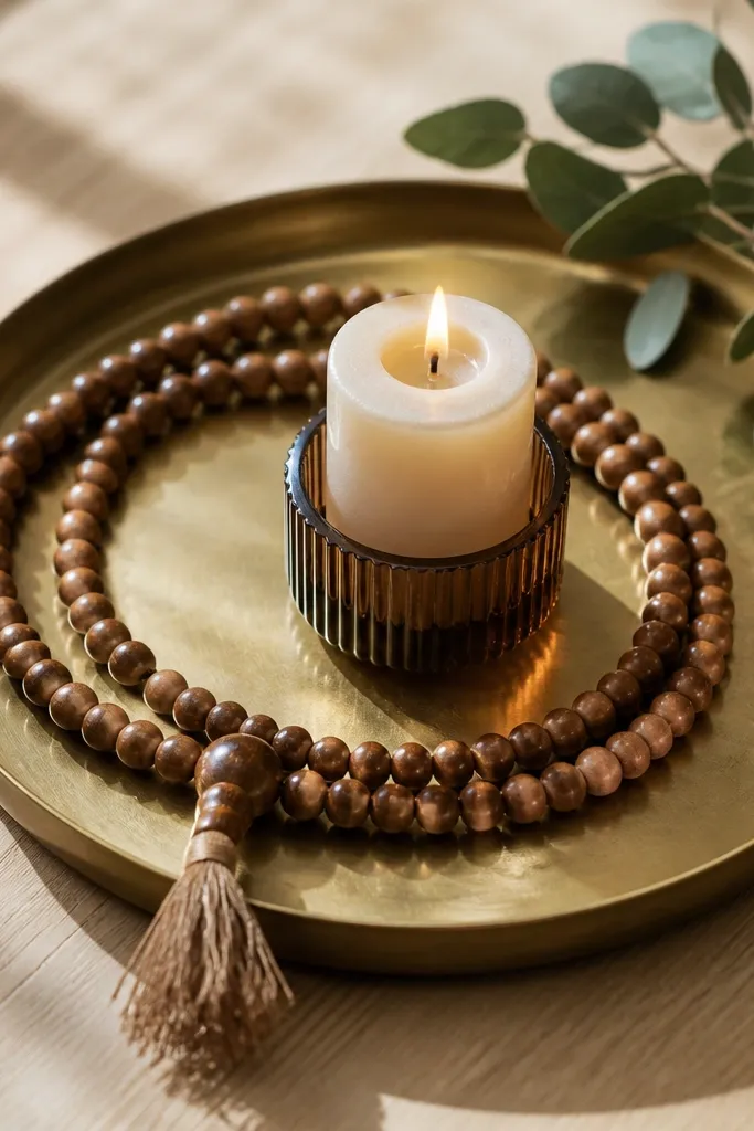 Brass tray with caramel wood beads and a single candle