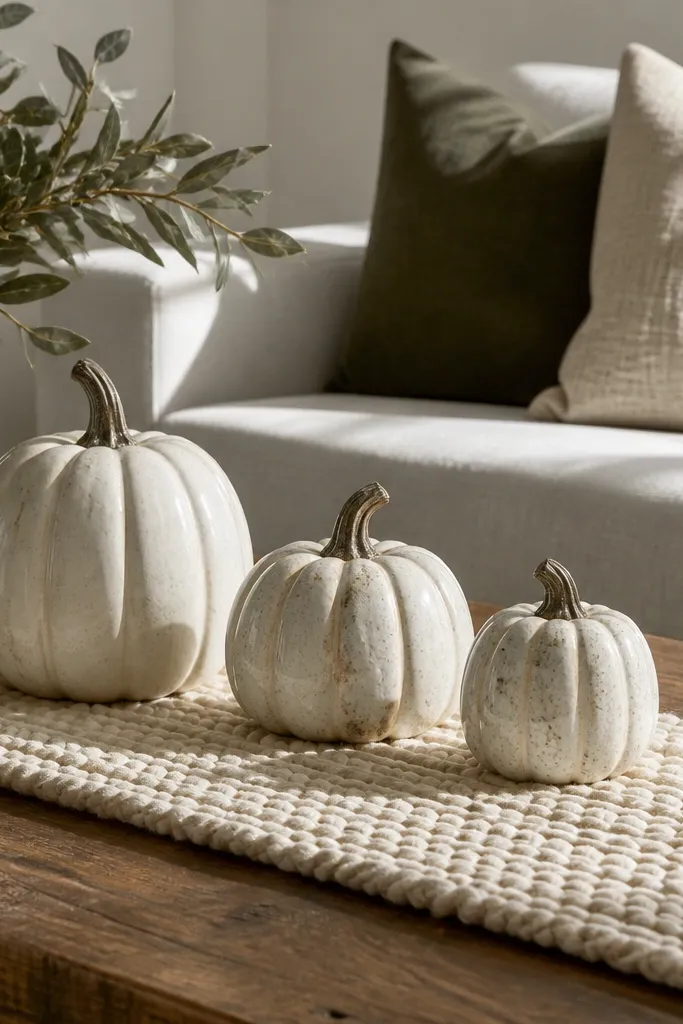 Chunky cream knit runner with three ceramic pumpkins on coffee table