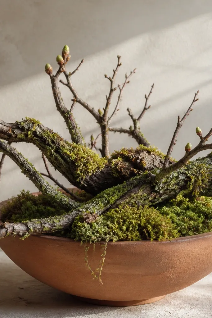 Terracotta pot with mossy branches arranged in a shallow bowl