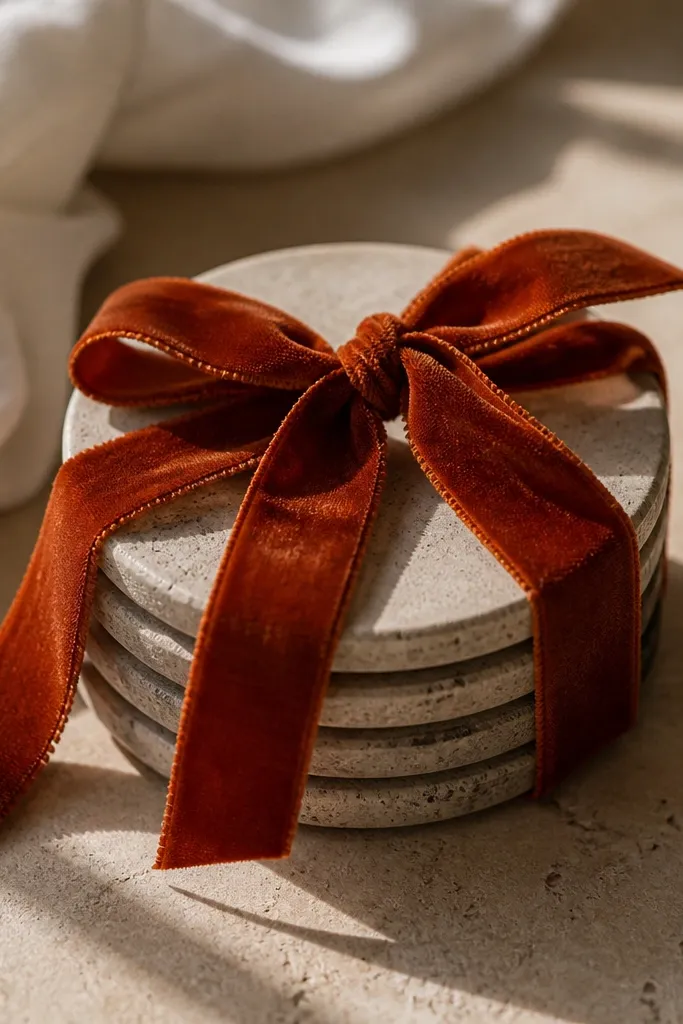 Rust velvet ribbon wrapped around a stack of coasters