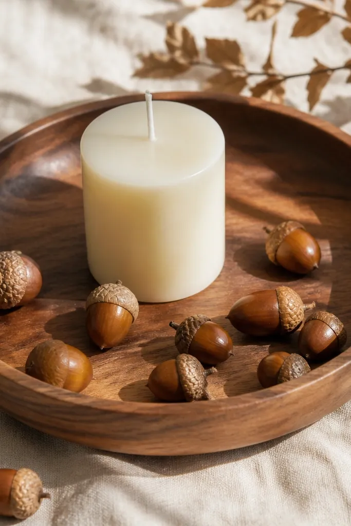 Walnut tray with cream pillar candle and scattered acorns