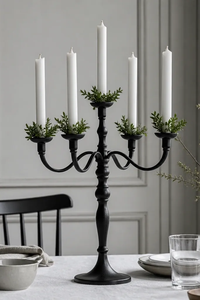 Black candelabra holding white tapers with small greenery tips