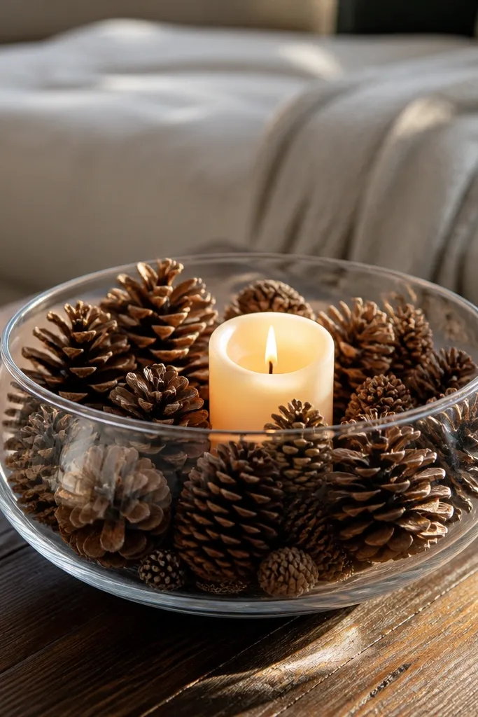 Clear bowl filled with pinecones and a flickering LED candle