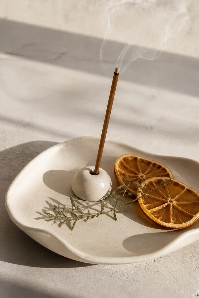 Cream ceramic incense holder with dried orange slices and greenery