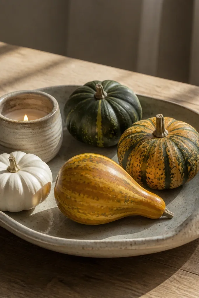 Glazed stoneware tray with mini gourds and a small candle