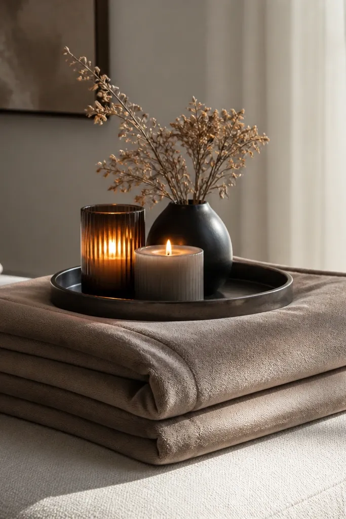 Folded taupe faux suede throw under a small tray with candles