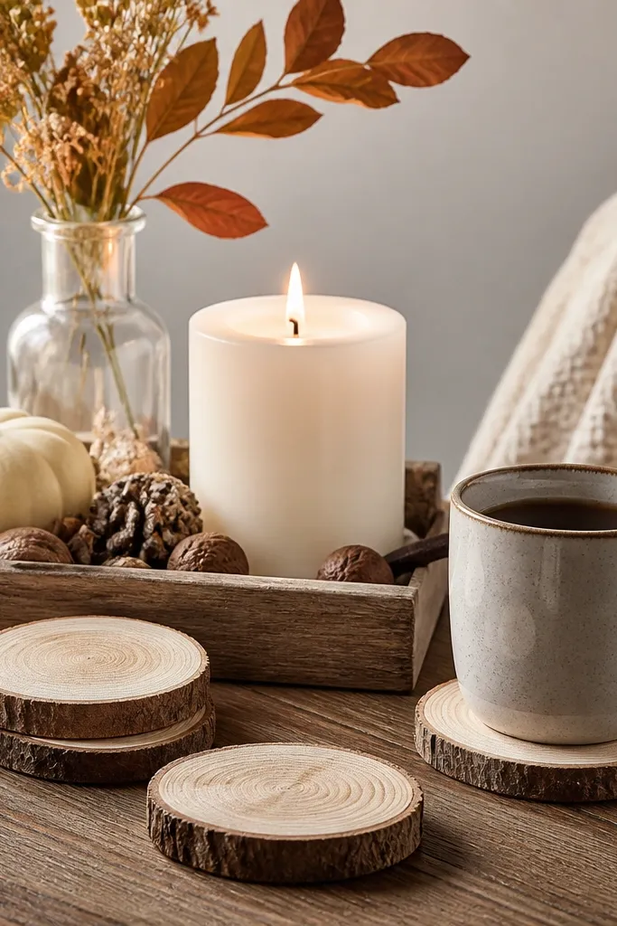 Wood slice coasters around a candle and small fall tray