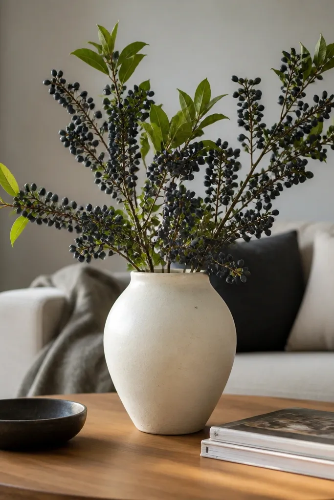 Cream vase with dark berries and green leaves on coffee table