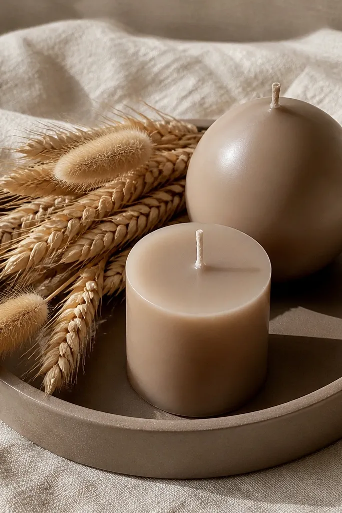 Monochrome brown tray with hazel candles and dried wheat