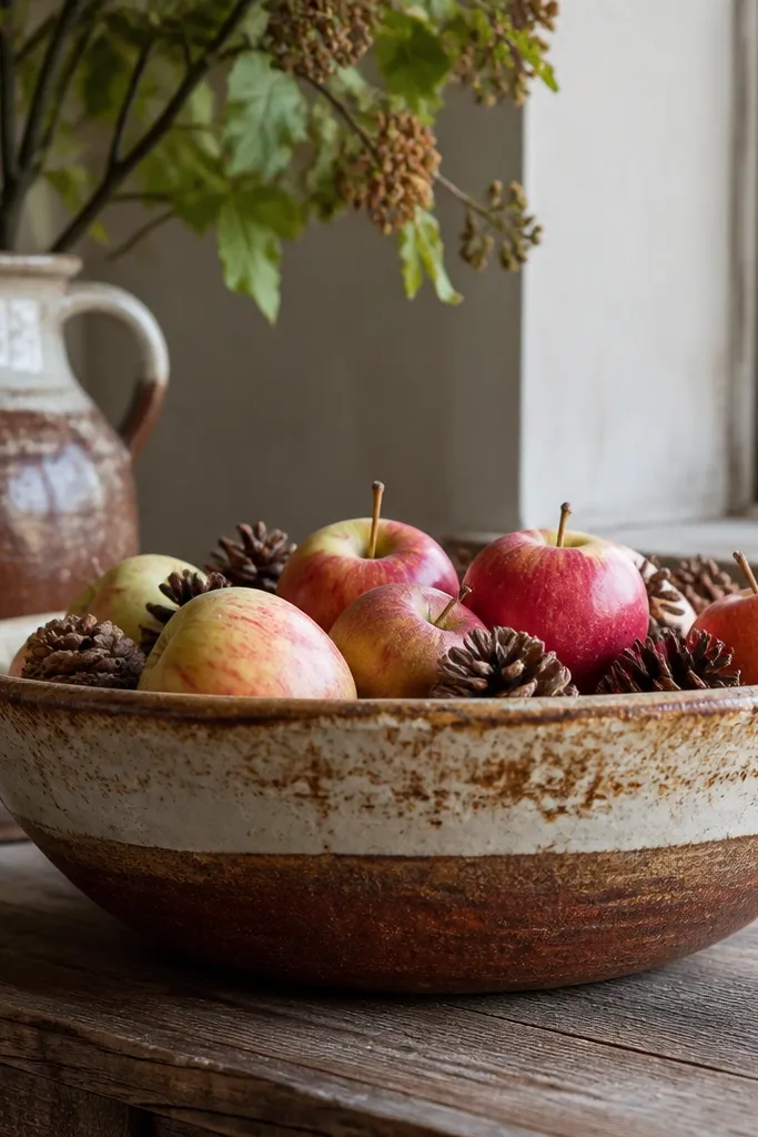 Rust and cream dough bowl filled with apples and pinecones