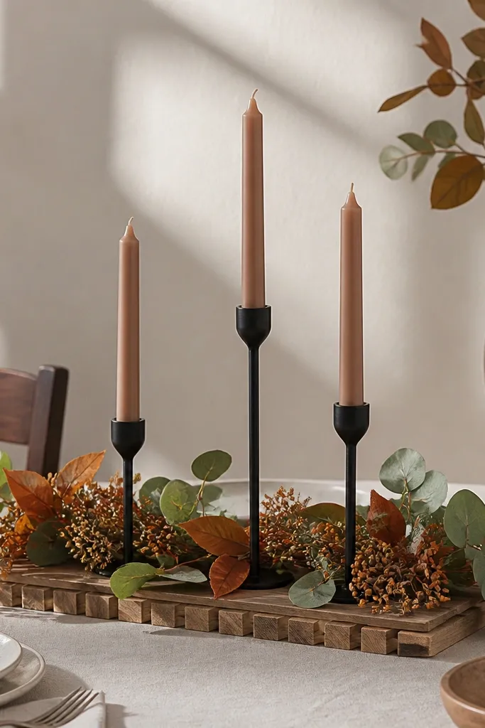 Wood slat base with three candleholders and fall greenery