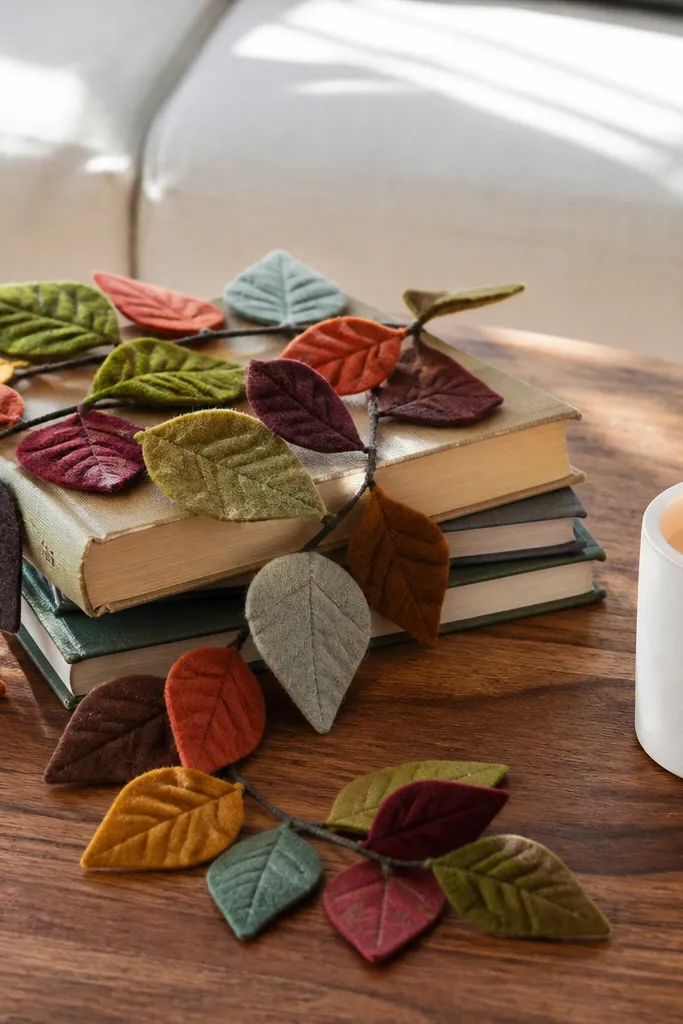 Felt leaf garland laid over books with one candle on coffee table