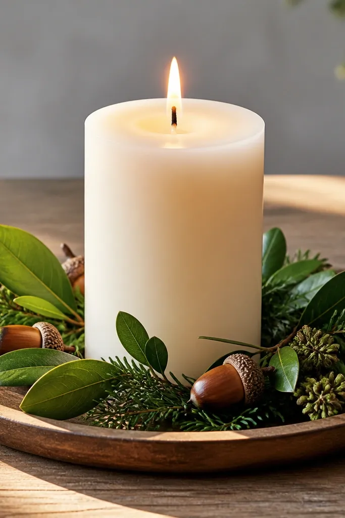Cream candle on a tray with greenery and acorns, no figurines