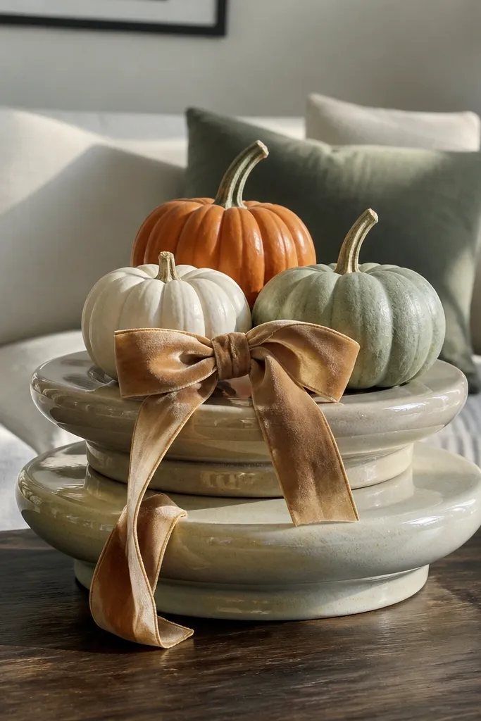 Ceramic risers stacked with small pumpkins and a bow on coffee table