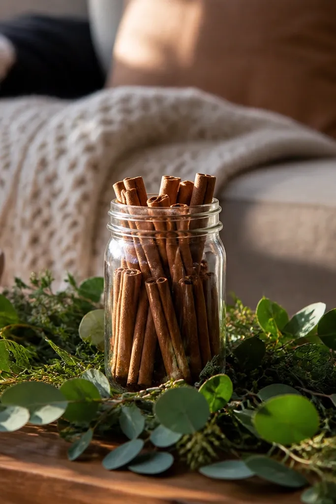 Mason jar holding cinnamon sticks with green sprigs around coffee table