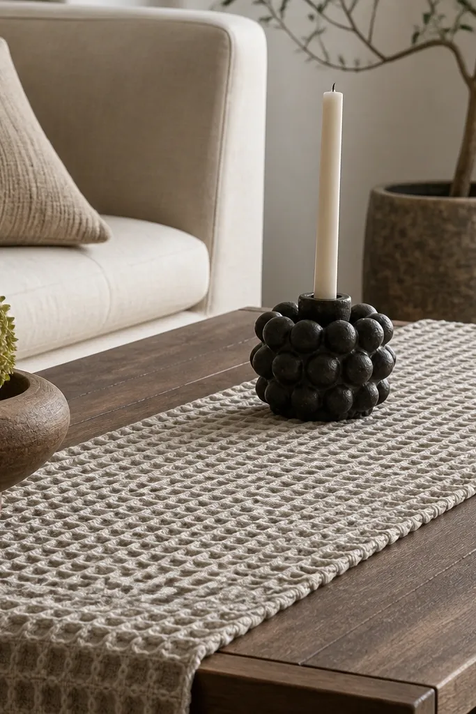 Waffle weave runner with black peppercorn-style candleholder on coffee table