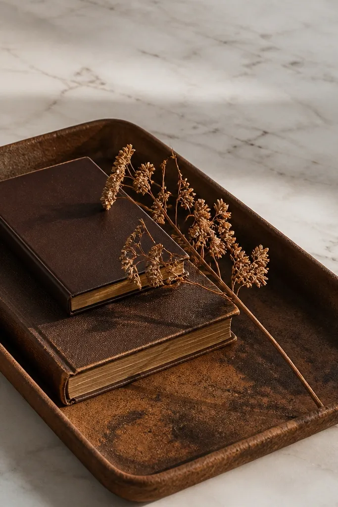 Rust ceramic tray with chocolate brown books and a dried stem