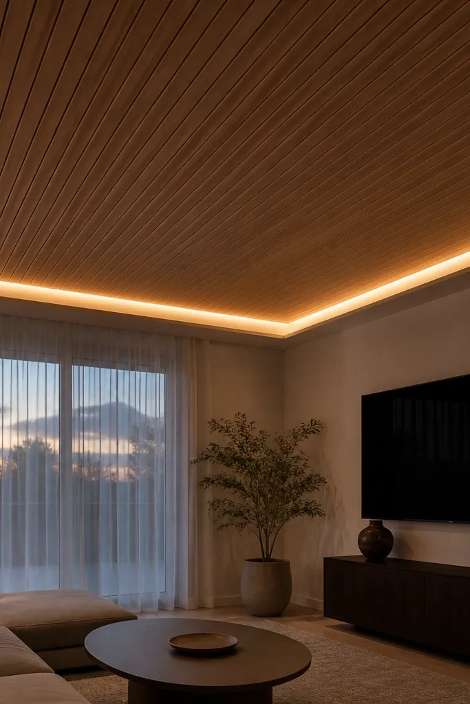 Warm wood slats across the ceiling with a narrow shadow gap around the edges