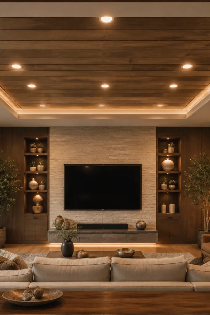 Square tray ceiling with warm wood paneling in the center and recessed lights around it