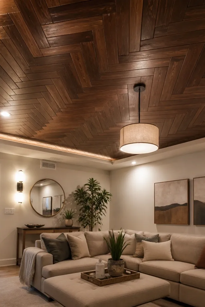 Shallow drop ceiling with herringbone wood pattern panels